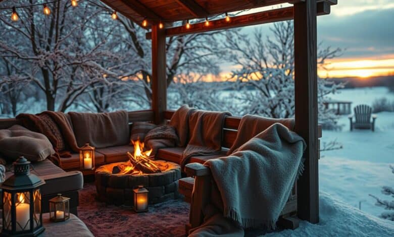 Draußen winterlich genießen: Feuer, Licht und geschützte Orte